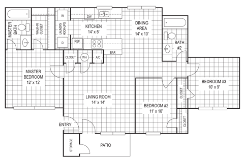 Floor plan for 3 beds, 2 baths, 1100 sqft